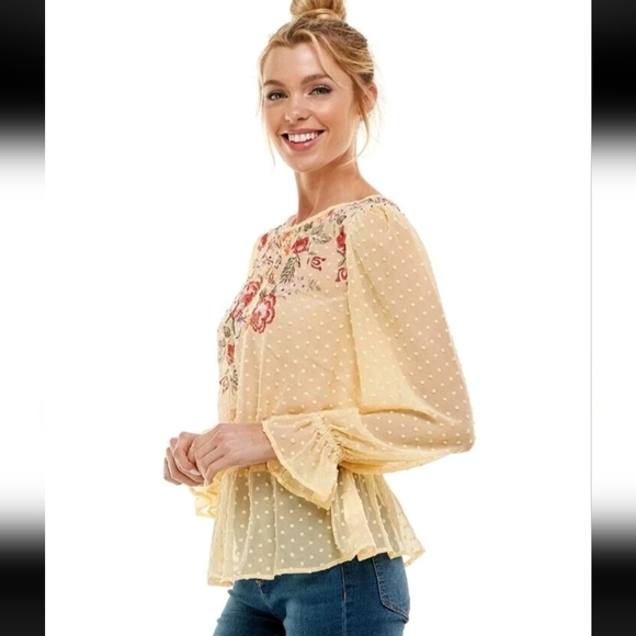 Meraki Blouse Size M Floral Print Sheer Smock Waist Puff Sleeve Yellow Boho - Picture 10 of 11